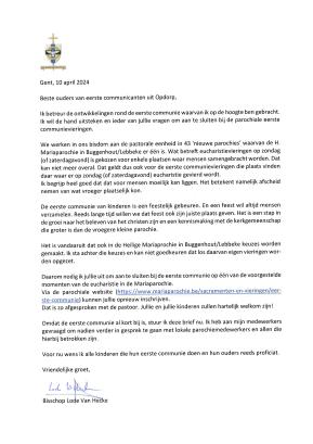 brief van bisschop Lode aan de ouders van de eerste communicanten in Opdorp 10.04.2024
